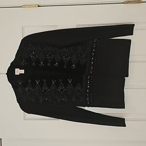Chico's Black Knit Sweater Jacket W/Velvet and Beading on front. Size 0